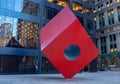 Red Cube by artist Isamu Noguchi is Public Art situated in NYC`s financial district. Royalty Free Stock Photo