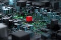 Red cube on circuit board amidst intricate electronic components during digital rendering Royalty Free Stock Photo