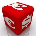 Red cube labeled with currency symbols Royalty Free Stock Photo