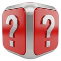 Red Cube with Silver Edges Featuring Question Marks on White Background symbol uncertainty Royalty Free Stock Photo