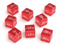 Red cubes with different discounts for sale. Figures with percentages