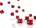 Red cubes labeled with currency symbols falling on a white surface Royalty Free Stock Photo