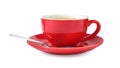 Red cup of aromatic coffee, spoon and saucer isolated on white Royalty Free Stock Photo