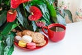 Red cup coffee, biscuits, macaroons, flowers on a white wooden t