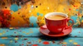 Red cup of coffee espresso on abstract colorful background. Copy space