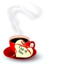 Red cup of coffee with a heart shaped valentine note. Royalty Free Stock Photo