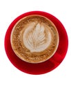 red cup of coffee isolated on white background, latte art in heart shape, milk foam vertical Royalty Free Stock Photo