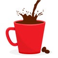 Red cup with coffee, splash beverage. Coffee beans. Vector Royalty Free Stock Photo