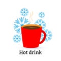 Red cup with coffee or tea. And snowflakes Royalty Free Stock Photo