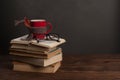 Red cup covered in scarf, open book and glasses, copy space.