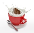 Red cup full of milk with cocolate cube splashing. On white background