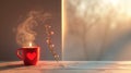 A red cup with a heart shaped handle and steam coming out of it, AI Royalty Free Stock Photo