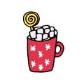 Red cup with hot chocolate, cocoa with marshmallows and lollipop