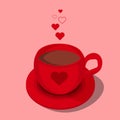 Red cup of hot chocolate with heart ornament and steam like the shape of little hearts. Love greeting card vector