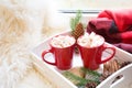 Red cup of hot chocolate with marshmallow on windowsill. Weekend concept. Home style. Christmas morning. Royalty Free Stock Photo