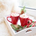 Red cup of hot chocolate with marshmallow on windowsill. Weekend concept. Home style. Christmas time. Royalty Free Stock Photo