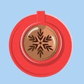 vector red cup with hot coffee and with a pattern of chocolate, snowflake on coffee