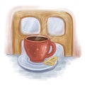 Red cup with a hot tea in front of a small wooden window winter illustration