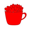 Red cup mug full of heart set. Love teacup with hearts. Happy Valentines Day. Coffee, tea, hot chocolate, cocoa drink. Greeting