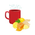 Red cup with steaming hot tea. Ginger drink with honey and lemon. Royalty Free Stock Photo