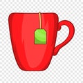 Red cup with tea bag icon, cartoon style Royalty Free Stock Photo