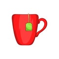Red cup with tea bag icon, cartoon style Royalty Free Stock Photo