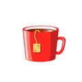Red cup with tea bag isolated on a white background. Simple flat illustration. Hot drink, warmth concept Royalty Free Stock Photo