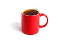 Red cup of tea on white background.