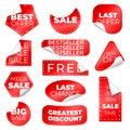 Red curled sale stickers. Discount labels with curl edge, low pricing tags. Isolated store badges, christmas or seasonal Royalty Free Stock Photo