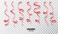 Red curly ribbon serpentine confetti. Red streamers set on transparent background. Colorful design decoration party Royalty Free Stock Photo