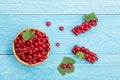 Red currant berries in a wooden bowl with leaf on the blue wooden background. Top view Royalty Free Stock Photo