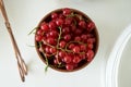 Red currant berry in a wooden bowl, close-up. Fresh currant fruit Royalty Free Stock Photo