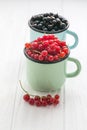 Red currant in enamel tea cups on a white table Royalty Free Stock Photo
