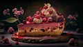 Red Currant Fruit Cake Slice Decorated with Red Currant Fruit on Black Stone Dark Grunge Theme Background Generative AI Royalty Free Stock Photo