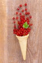 Red currant fruits in an ice cream cone on wood Royalty Free Stock Photo