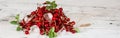 Red currant with ice and green leaves on white wooden background. Still life of food. Cubes of ice with berries.