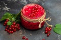 red currant jam in jar. Canned fresh berries on a dark background. Long banner format