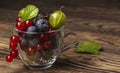 Red currants, blueberries and gooseberries  a glass bowl Royalty Free Stock Photo