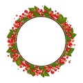 Red currants with leaves in a circle. Wreath, design cards, posters, stickers for jars of jam