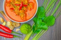 Red curry chicken, Thai Spicy food and fresh herb ingredients on