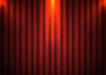 Red curtain background with spotlight in theater. Theatrical drapes stage opening ceremony hall movie light closed velvet fabric