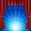 Red curtain on blue circus vintage background. Design for presentation, concert, show