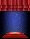 Red curtain on blue dust background with podium. Design for presentation, concert, show Royalty Free Stock Photo