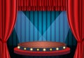 Red curtain on blue vintage background and podium. Design for presentation, concert, show Royalty Free Stock Photo