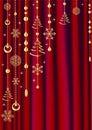 Red curtain with Christmas decoration.