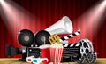 Red curtain cinemas films on the stage with stage lights Royalty Free Stock Photo