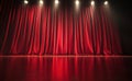 Red curtain serves as the background for bright shining stage spotlights in this 3D rendered image Royalty Free Stock Photo