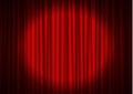 Red curtain with spotlight in theater. Velvet fabric cinema curtain vector. Spotlight on closed curt