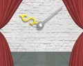 Red curtain stage with money sign clock hands on white bricks wa