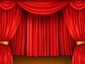 Red curtain stage. Realistic scene framed red textile theater veils, velvet fabric, cinema hall decor, open heavy drapes Royalty Free Stock Photo